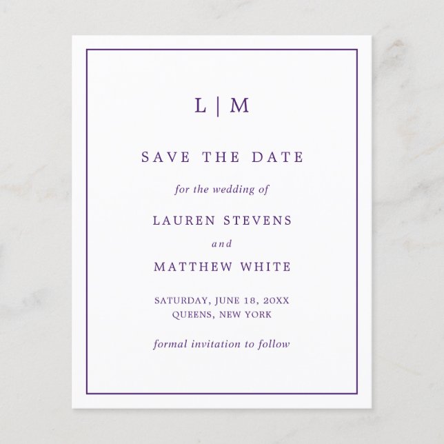 Simple Purple Budget Wedding Save the Date (Front)