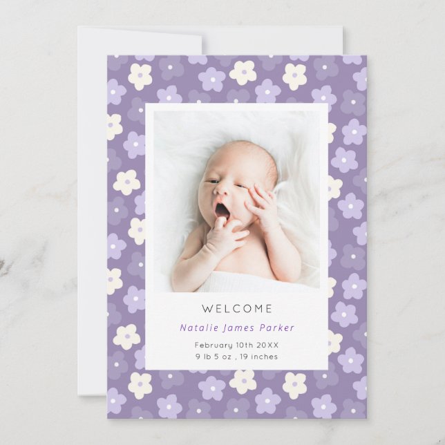 Simple Purple Floral Watercolor Birth Announcement (Front)