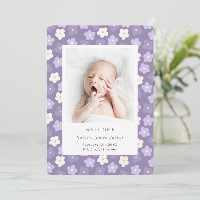 Simple Purple Floral Watercolor Birth Announcement (Standing Front)
