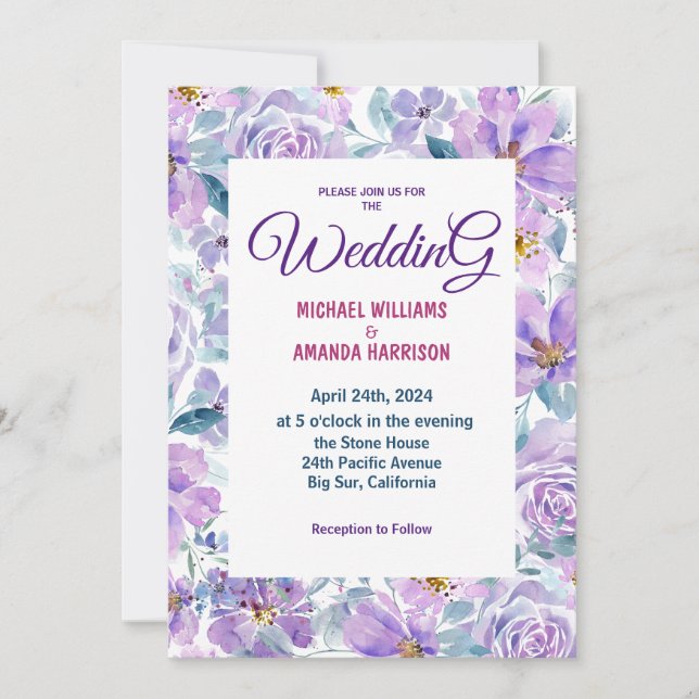 Simple purple flowers Wedding Invitations (Front)