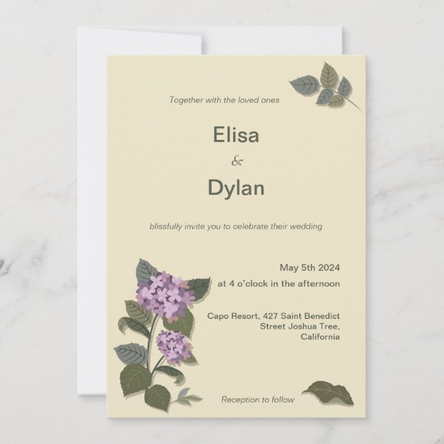 Simple Purple Flowers with Green Leaves Invitation (Front)