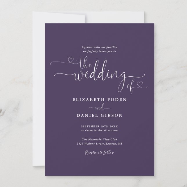 Simple Purple Hearts Script Photo Wedding Invitation (Front)