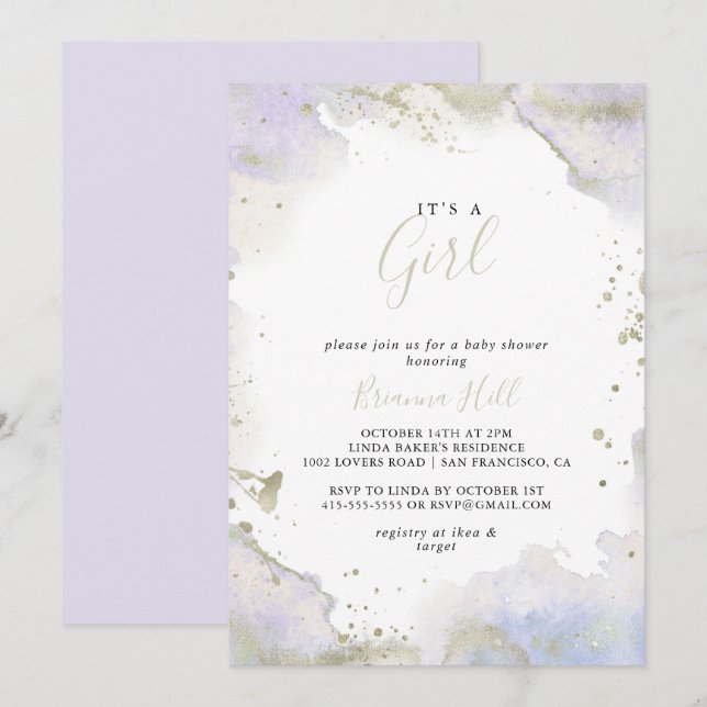 Simple Purple Minimalist It's A Girl Baby Shower Invitation (Front/Back)