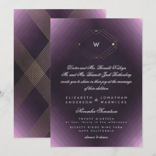 Simple Purple Modern Monogram Script Gold Invitation