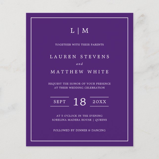 Simple Purple Monogram Budget Wedding Invitation (Front)