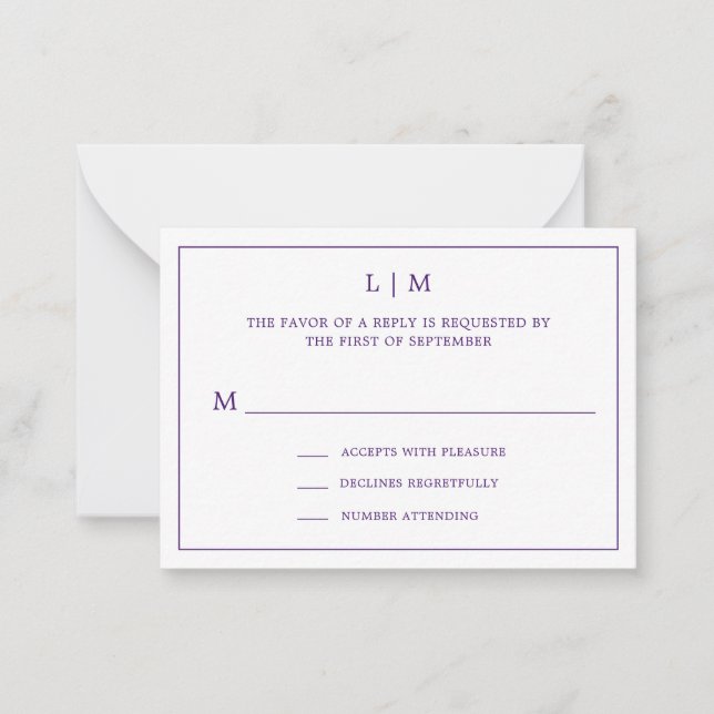 Simple Purple Monogram Elegant Mini Wedding RSVP Card (Front)