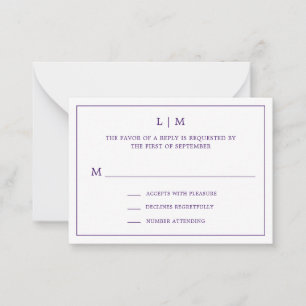 Simple Purple Monogram Elegant Mini Wedding RSVP Card