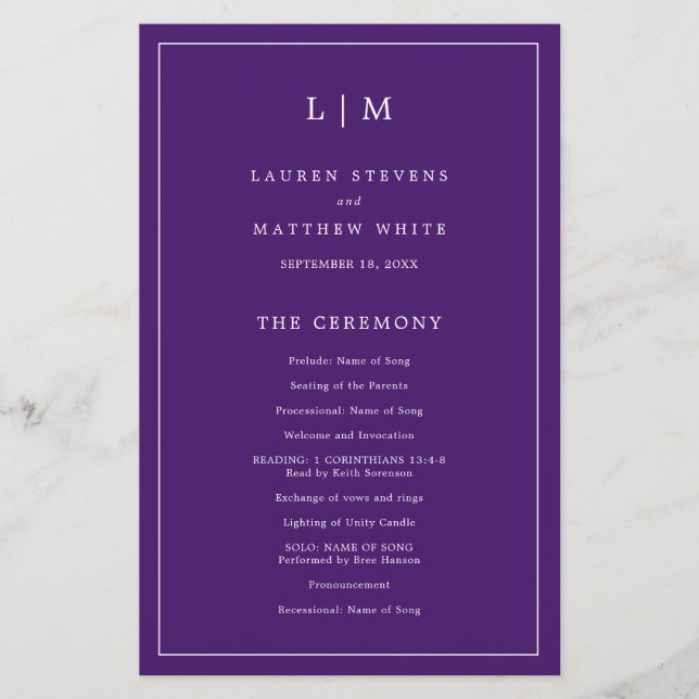 Simple Purple Monogram Elegant Wedding Program (Front)