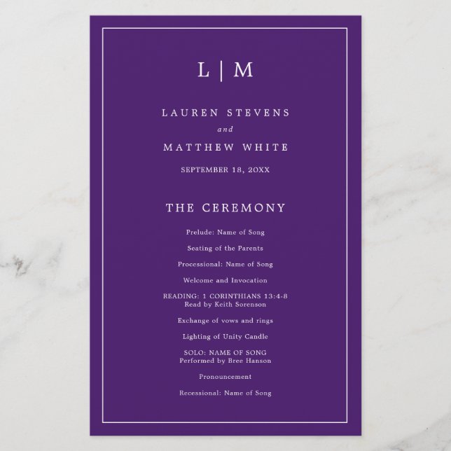 Simple Purple Monogram Elegant Wedding Program Flyer (Front)