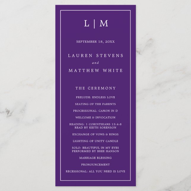 Simple Purple Monogram Elegant Wedding Programme (Front)