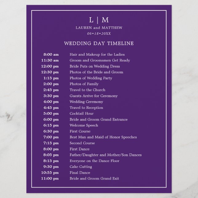 Simple Purple Monogram Elegant Wedding Timeline (Front)
