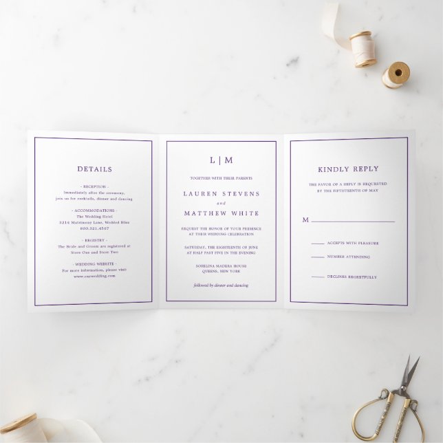 Simple Purple Monogram Elegant Wedding Tri-Fold Invitation (Inside)