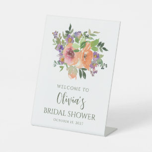 Simple Purple Orange Floral Shower Welcome Pedestal Sign