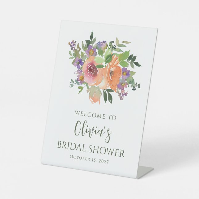 Simple Purple Orange Floral Shower Welcome Pedestal Sign (Front)