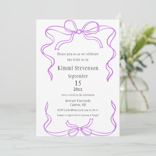 Simple Purple Ribbon Frame Bridal Shower Invitation (Standing Front)