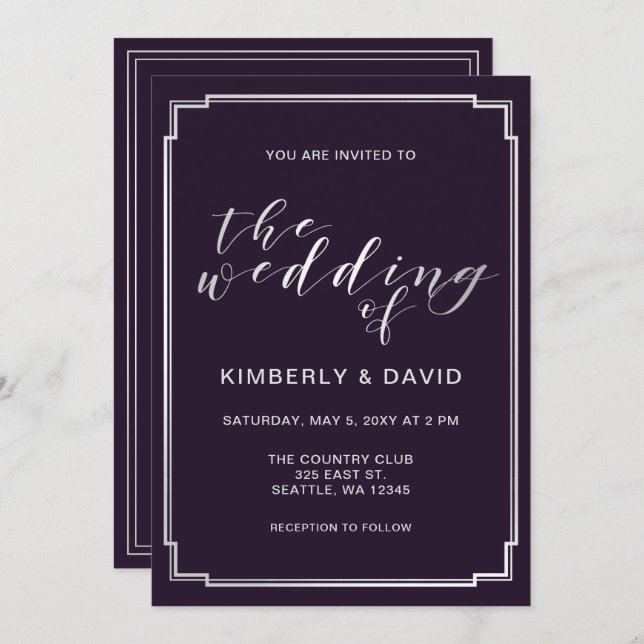 Simple Purple Silver Wedding Invitation (Front/Back)