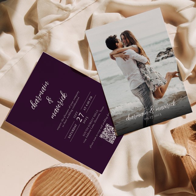 Simple Purple Violet Script Photo QR Code Wedding Invitation (Creator Uploaded)