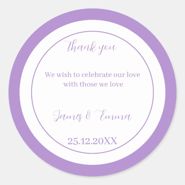 Simple Purple Wedding  Classic Round Sticker (Front)