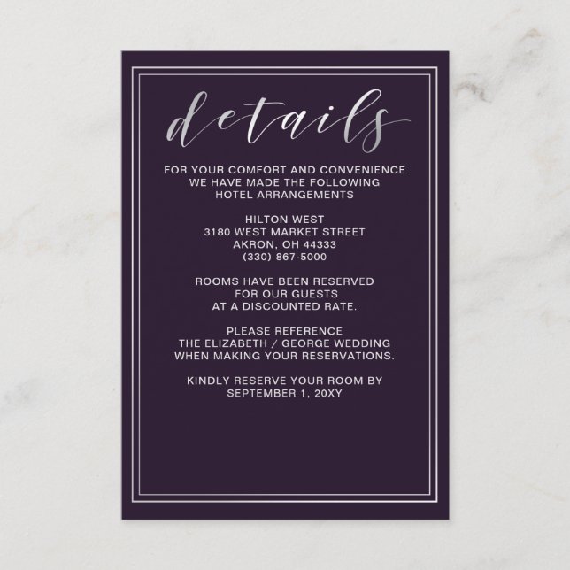 Simple Purple Wedding details card (Front)