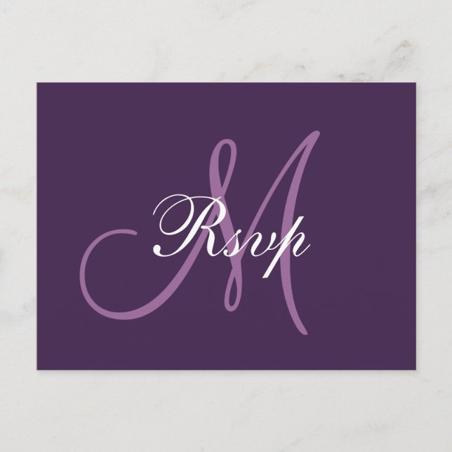 Simple Purple Wedding Monogram RSVP Invitation Postcard (Front)