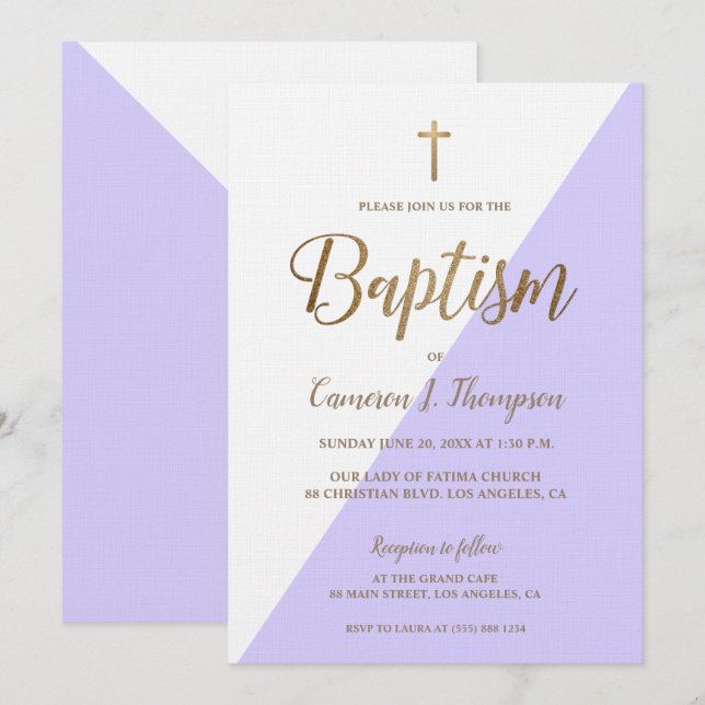 Simple Purple White Gold Modern Baptism Invitation (Front/Back)
