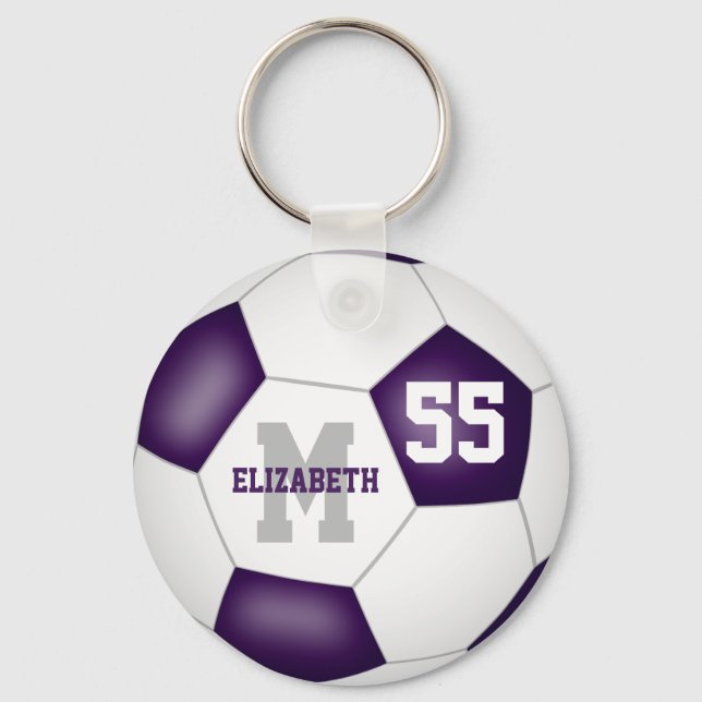 simple purple white team colours girls boys soccer key ring (Front)