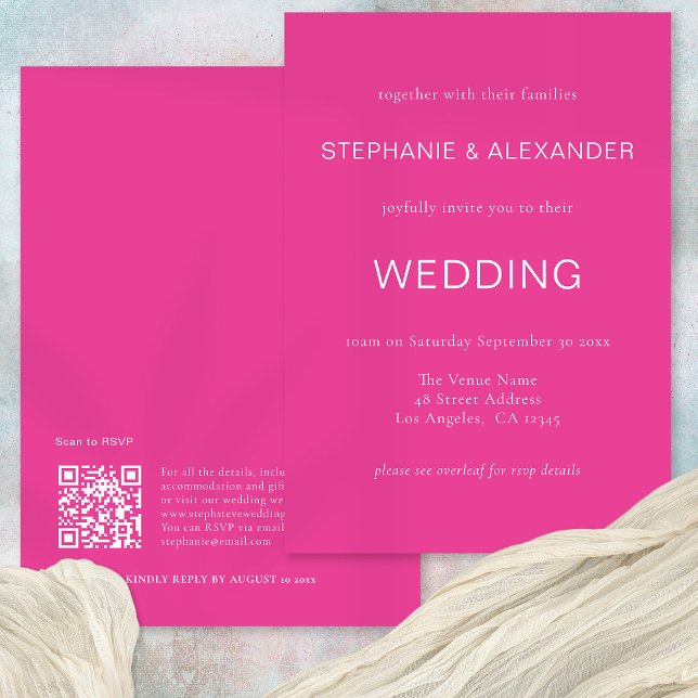 Simple QR Code Hot Pink Wedding Invitation (Front and back view)