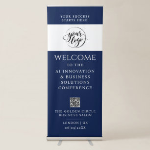 Simple QR Code Logo Navy Blue Business Welcome Retractable Banner