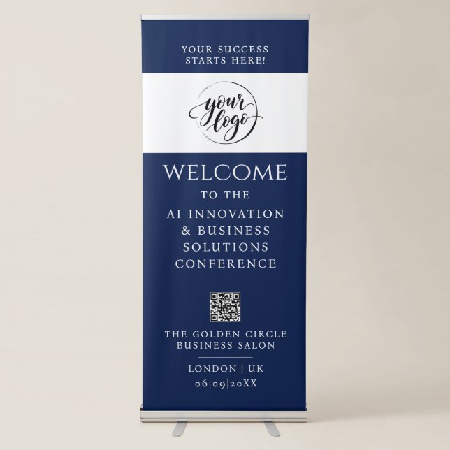 Simple QR Code Logo Navy Blue Business Welcome Retractable Banner (Front)