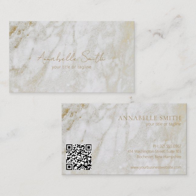 Simple QR Code Modern Elegant Gold Marble Business Card (Front/Back)