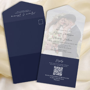 Simple QR Code Photo Navy Blue RSVP Online All In One Invitation