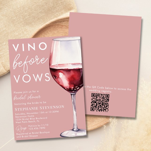 Simple QR Code Pink Vino Before Vows Bridal Shower Invitation (Creator Uploaded)