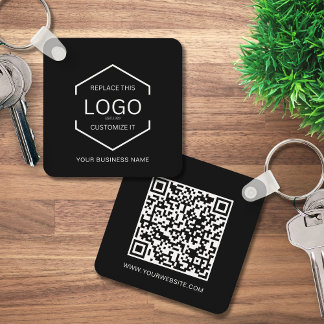 Simple QR Code Website Business Logo Black Round  Key Ring