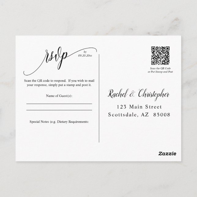 Simple QR Code Wedding Event RSVP Response Reply  Postcard (Back)