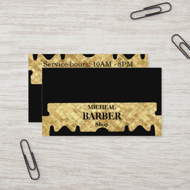 Simple Razor Gold Blade Barber Business Card (Front/Back In Situ)