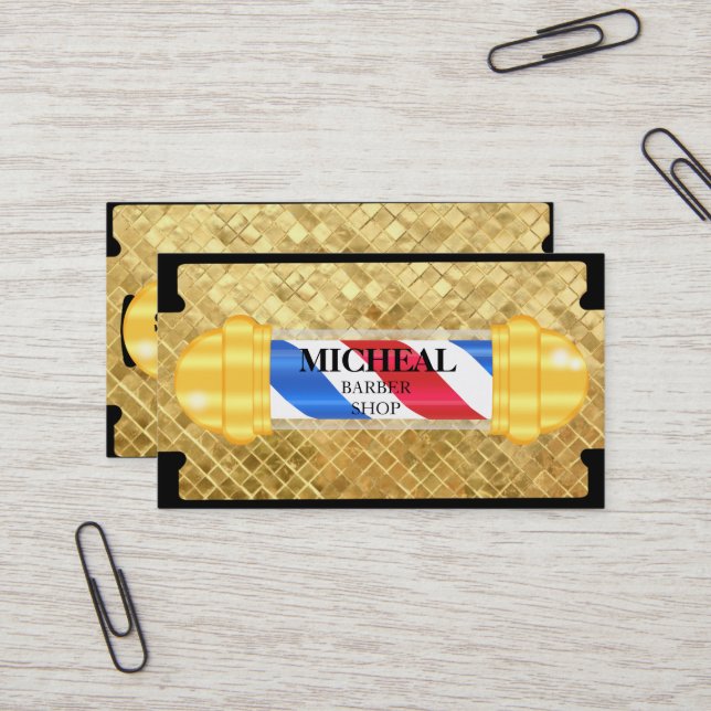 Simple Razor Gold Blade Barber Business Card (Front/Back In Situ)