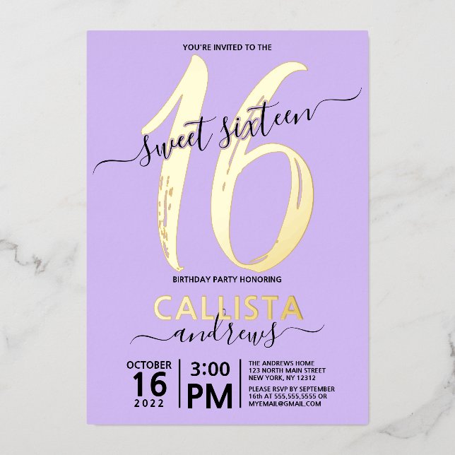 Simple Real Gold Lavender Sweet 16 Birthday (Front)