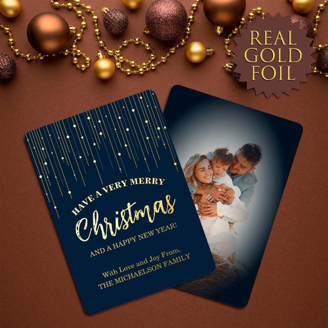Simple Real Gold Midnight Blue Abstract Christmas  Foil Holiday Card (Creator Uploaded)