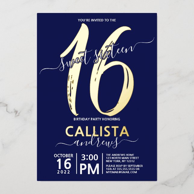 Simple Real Gold Navy Blue Sweet 16 Birthday (Front)
