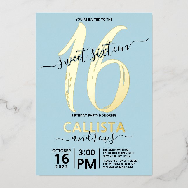 Simple Real Gold Pastel Blue Sweet 16 Birthday (Front)