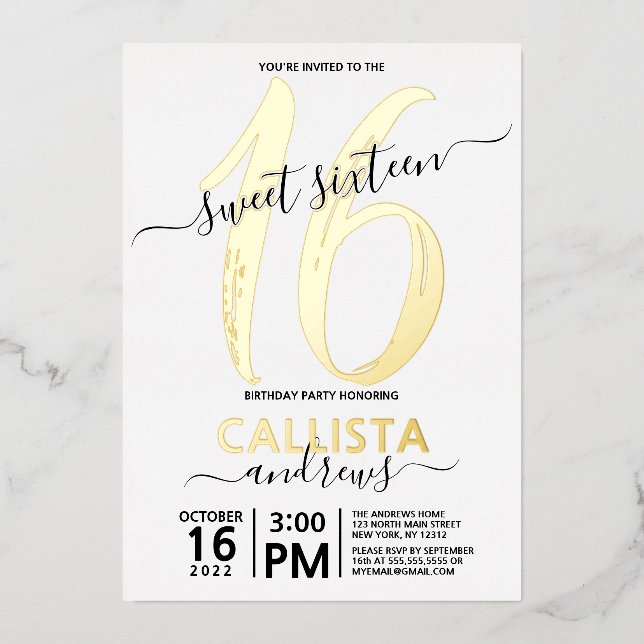 Simple Real Gold White Sweet 16 Birthday (Front)