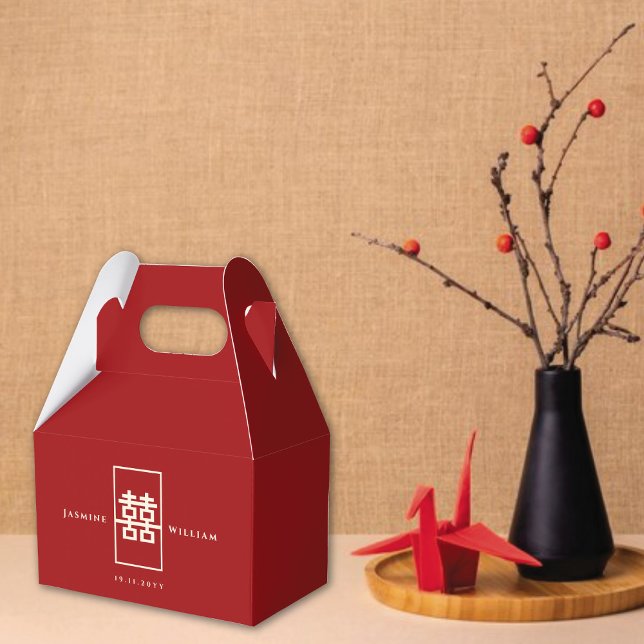 Simple Rectangle Double Happiness Chinese Wedding Favour Box (Ivory/Red Simple Rectangle Double Happiness Chinese Wedding Party Favor Boxes @ fatfatin_red_knot)
