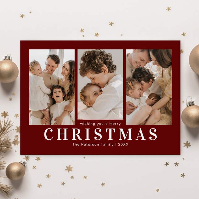 Simple Red 3 Photo Christmas Holiday Card (Creator Uploaded)
