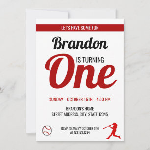 Simple Red and Black Baseball 1st Birthday Invitation