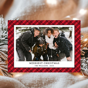 Simple Red and Black Plaid Photo Christmas Holiday Card
