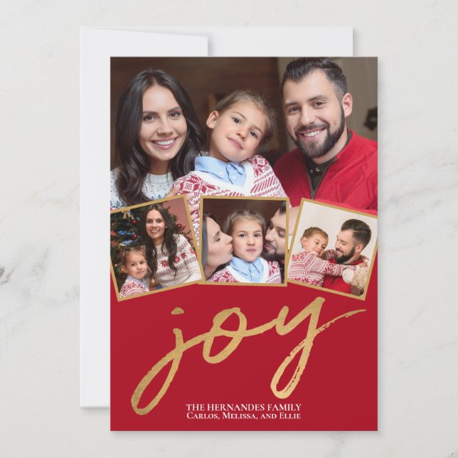 Simple Red and Gold Joy Photo Script  Holiday Card (Front)