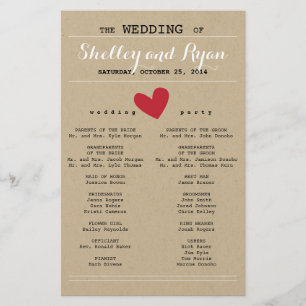 Simple Red and Kraft Heart Wedding Program