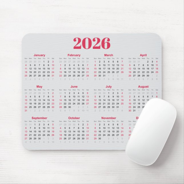 Simple red and light gray 2026 Calendar  Mouse Mat (With Mouse)