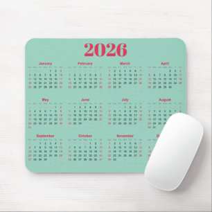 Simple red and light teal 2026 Calendar Mouse Mat