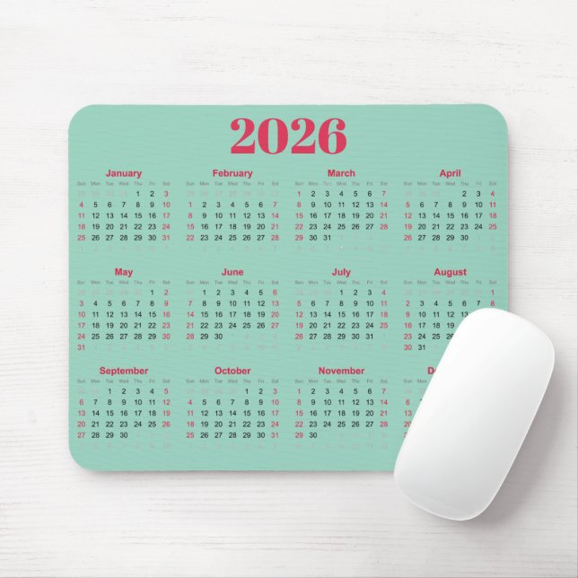 Simple red and light teal 2026 Calendar  Mouse Mat (With Mouse)